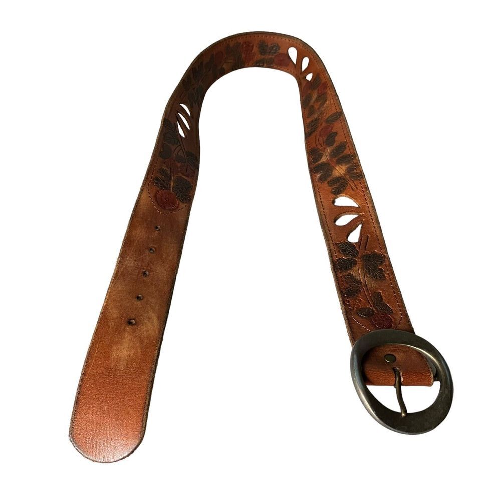 Abercrombie & Fitch Womens Western Hand Tooled Belt Medium Brown Genuine Leather